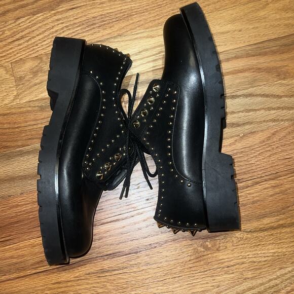 TWINSET Black Leather Gold Studded Low Combat Boots Lace Up Oxfords Size 38 7.5 - Picture 7 of 8